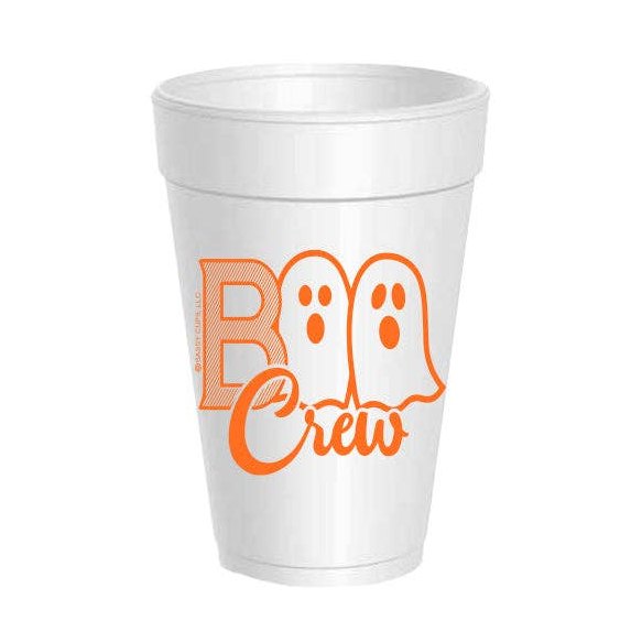 White foam cup reading Boo Crew in orange with two ghosts forming the O's