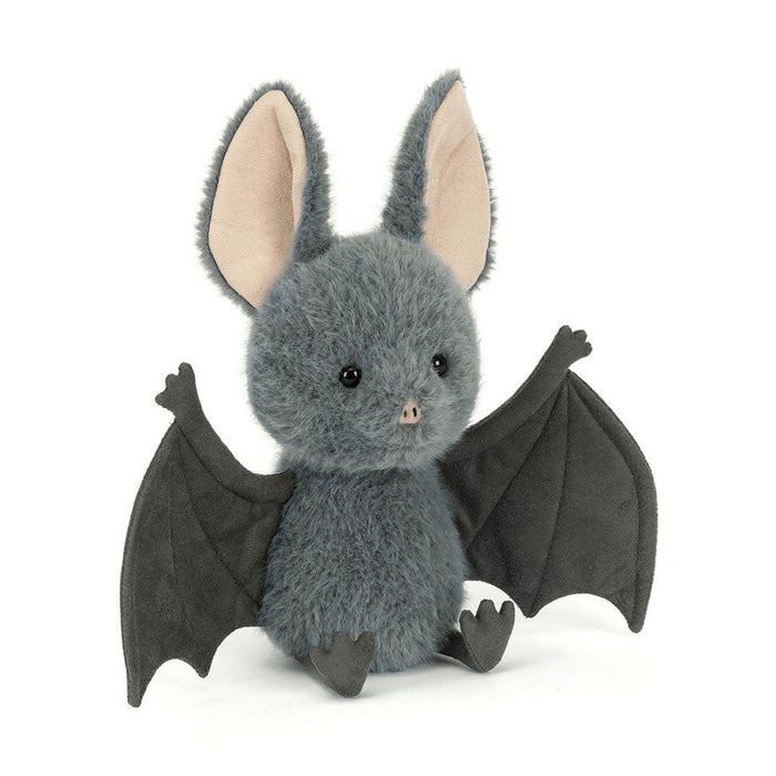 Gray bat plush with spread wings and pink ears