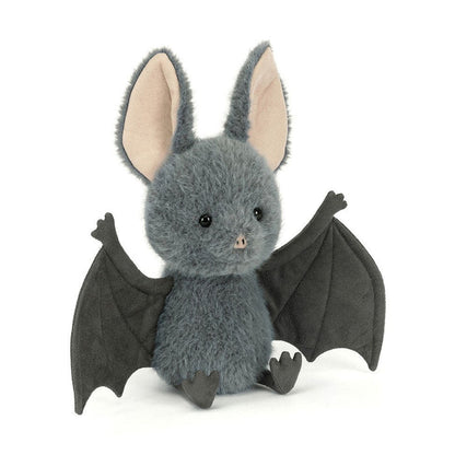 Gray bat plush with spread wings and pink ears