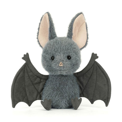 Gray bat plush with spread wings, seated