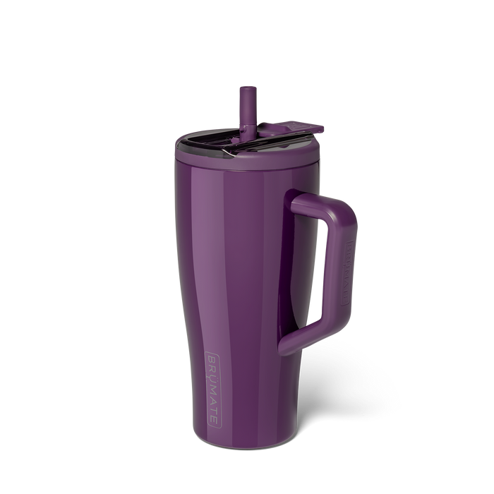 Purple BrüMate tumbler with a handle and flip straw lid