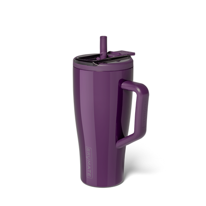 Purple BrüMate tumbler with a handle and flip straw lid