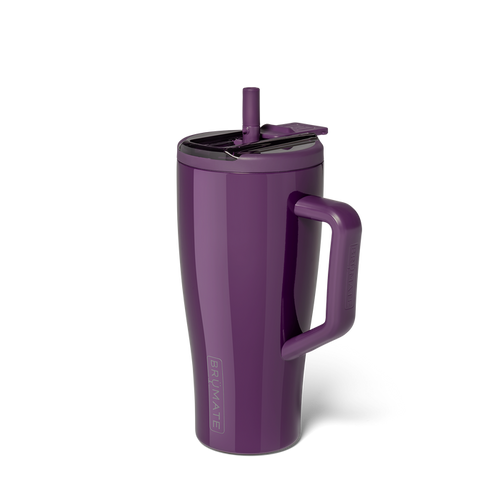 Purple BrüMate tumbler with a handle and flip straw lid