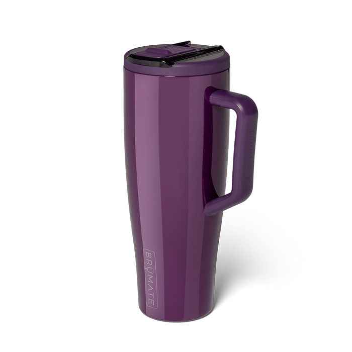 Tall purple BrüMate tumbler with a handle and flip straw lid