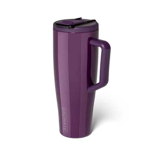 Tall purple BrüMate tumbler with a handle and flip straw lid