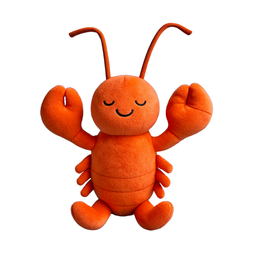 Orange crawfish plush with a sleepy smile