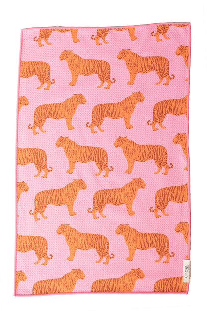 Pink hand towel with an orange tiger print