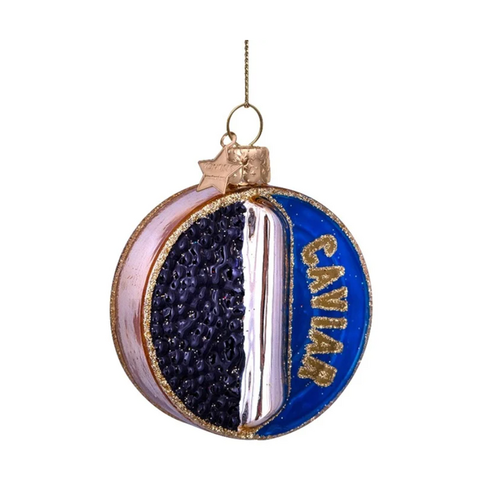 Blue and gold caviar tin glass ornament