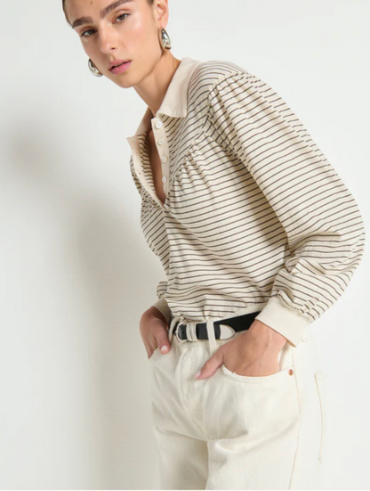 CECILIA COLLARED TOP IN ESPRESSO PINSTRIPE