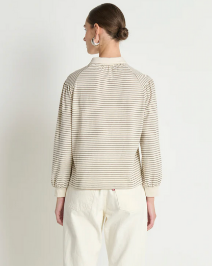 CECILIA COLLARED TOP IN ESPRESSO PINSTRIPE