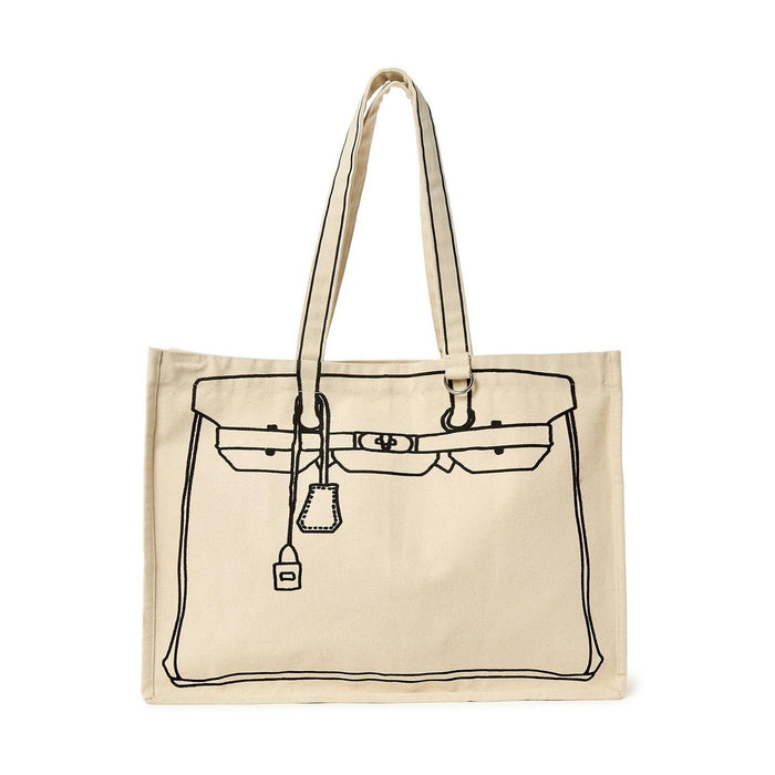 Canvas tote printed with a black outline drawing of a handbag