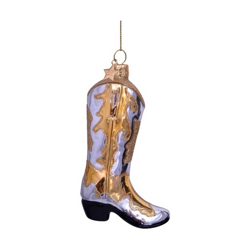 Silver and gold cowboy boot Christmas ornament with black heel