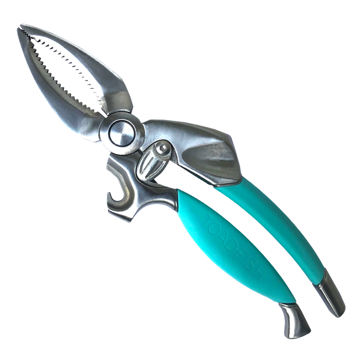 Stainless steel fishing pliers with teal rubberized handles