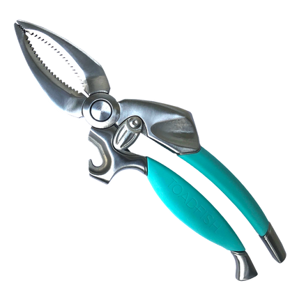 Stainless steel fishing pliers with teal rubberized handles