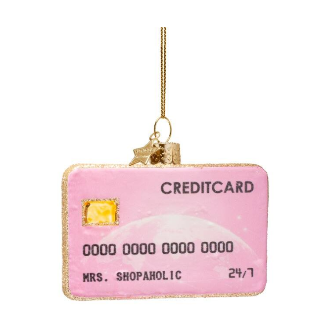 Pink credit card glass ornament reading Mrs. Shopaholic