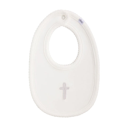 White baby bib with an embroidered cross