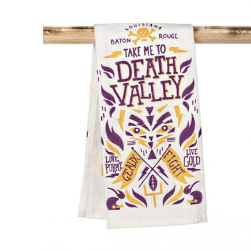 Take Me to Death Valley tea towel with a purple and gold Baton Rouge design