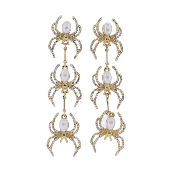 Gold spider dangle earrings with pearls