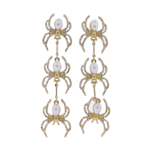 Gold spider dangle earrings with pearls