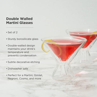 Double-walled martini glasses feature graphic with pink cocktails