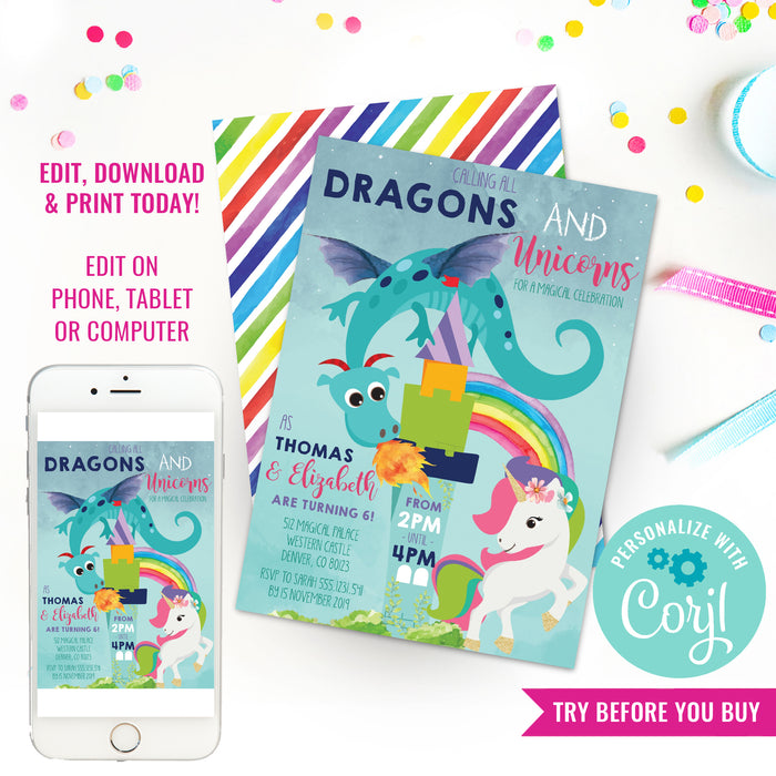Dragon and Unicorn Party Invitation