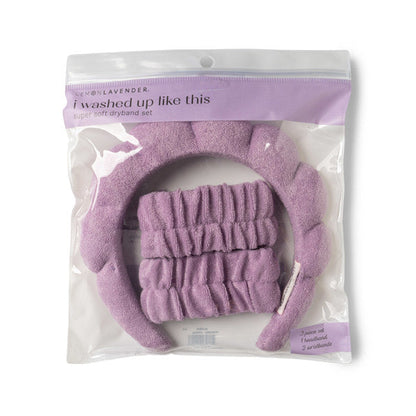 Lavender spa headband and wristband set in its package