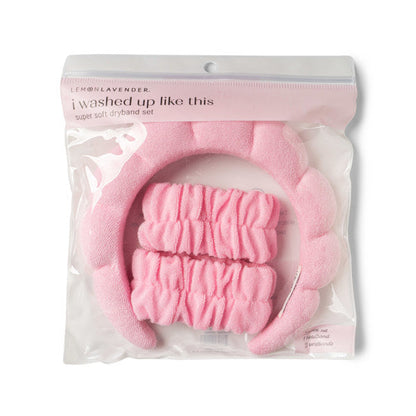 Pink spa headband and wristband set in its package