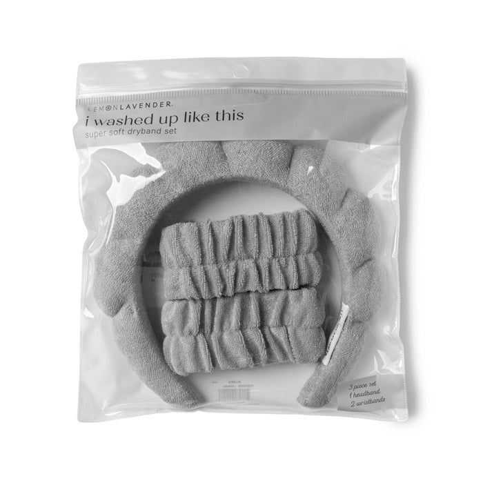 Gray spa headband and wristband set in its package