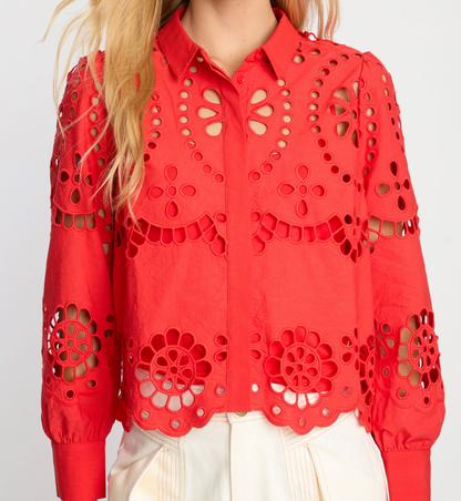 EMMIE TOP IN POPPY RED EYELET LACE