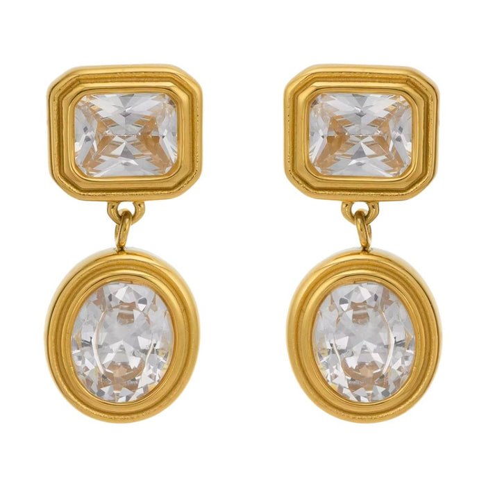 Gold drop earrings with a square crystal stud and oval crystal drop