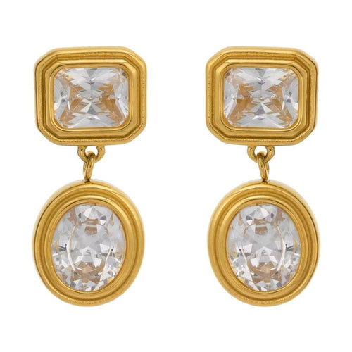Gold drop earrings with a square crystal stud and oval crystal drop