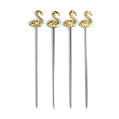 Four cocktail picks with gold flamingo tops