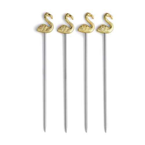 Four cocktail picks with gold flamingo tops