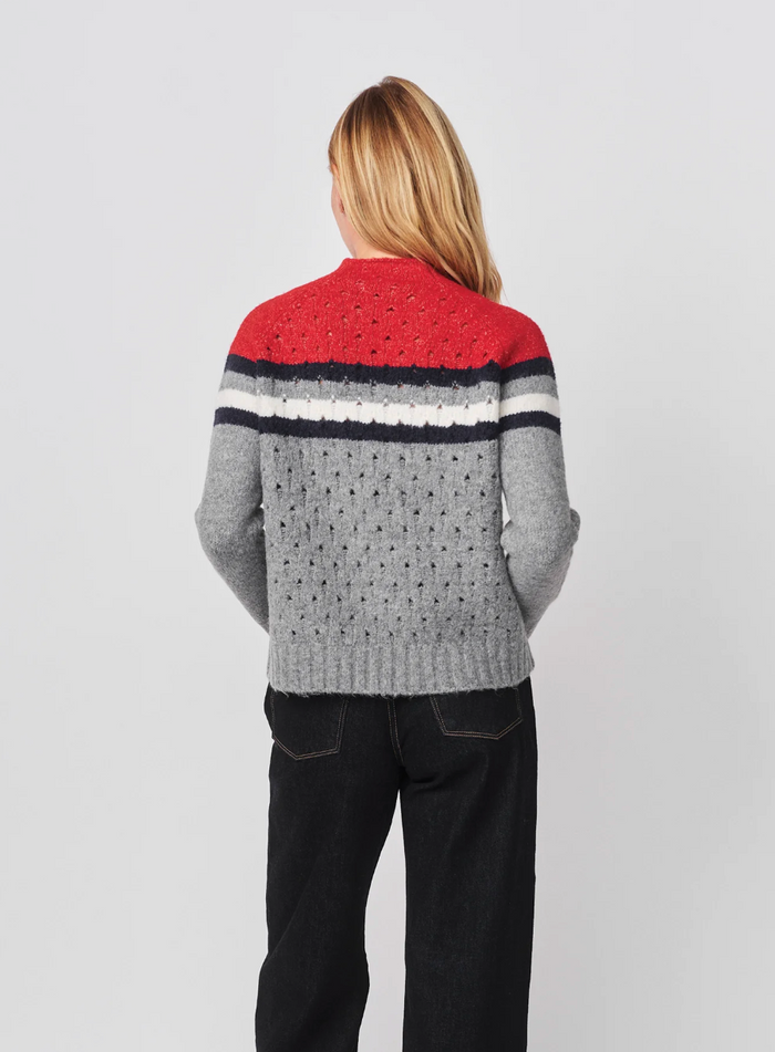 FUNNEL NECK W/ CHEST STRIPES & CABLES SWEATER