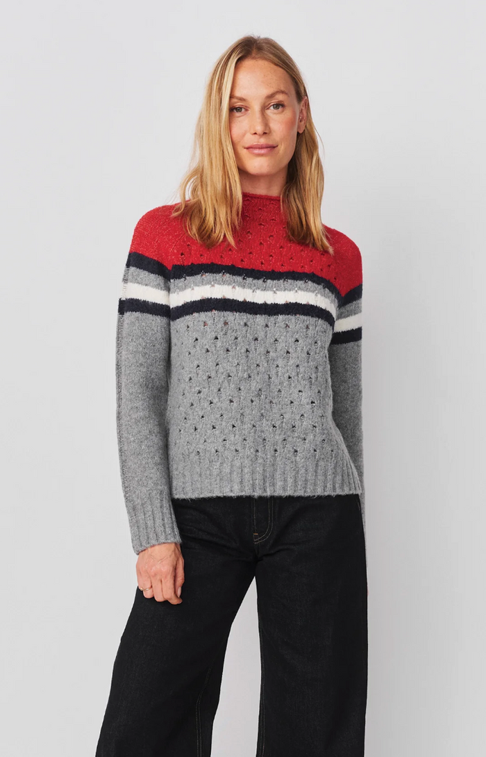 FUNNEL NECK W/ CHEST STRIPES & CABLES SWEATER