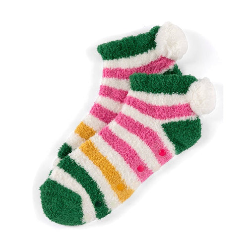 Green, pink and gold striped fuzzy socks with pom poms