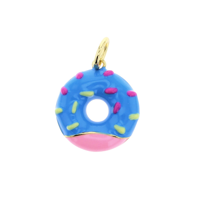 Gold donut charm with blue enamel frosting and sprinkles