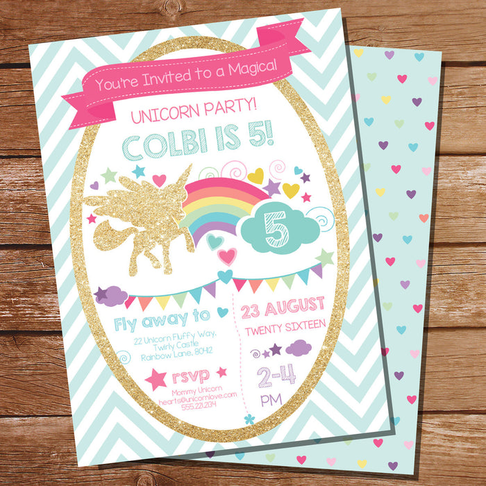 Gold Glitter Unicorn Birthday Party Invitation