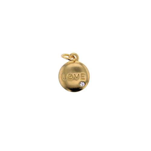 Small gold disc charm engraved Love with a crystal
