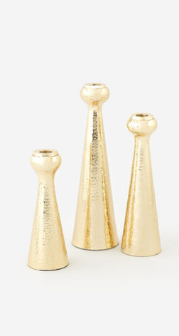Three gold cone-shaped taper candle holders