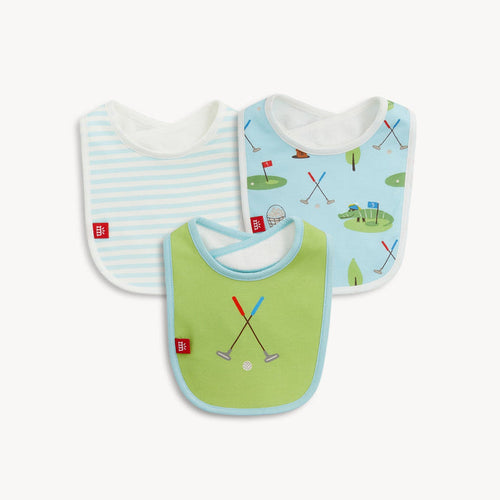Three baby bibs with a golf print in blue and green