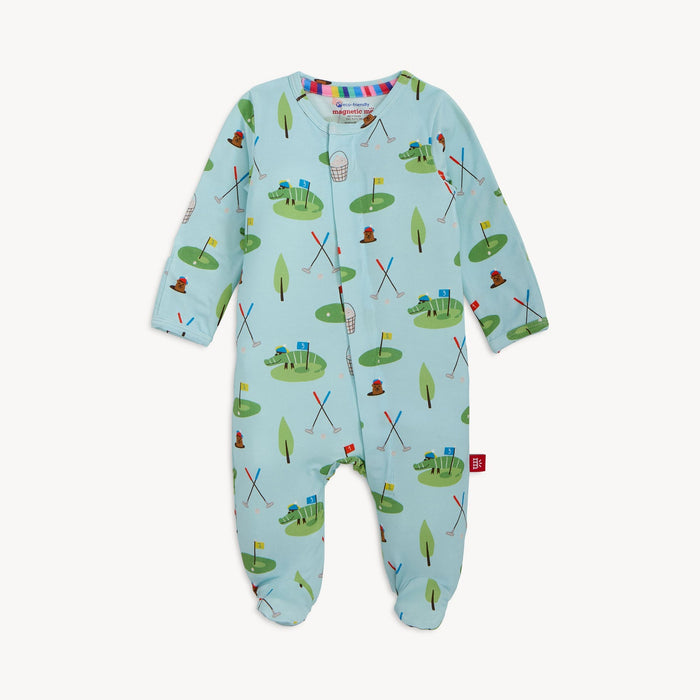 Light blue baby footie with a golf course print