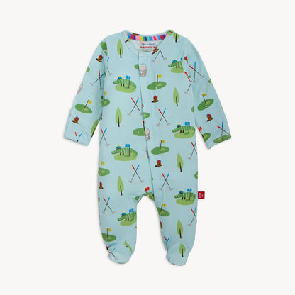 Light blue baby footie with a golf course print