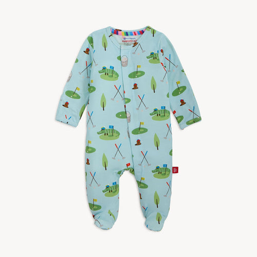 Light blue baby footie with a golf course print
