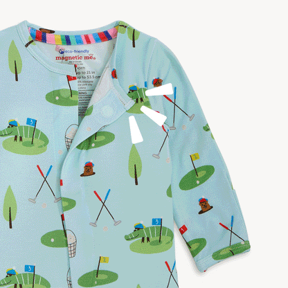 Close-up of a golf print footie with putting greens and trees