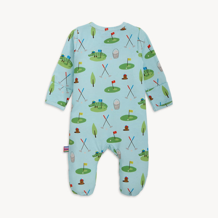Light blue golf print baby footie with green trim