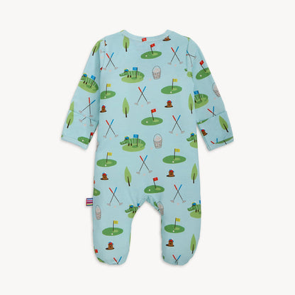 Light blue golf print baby footie with green trim