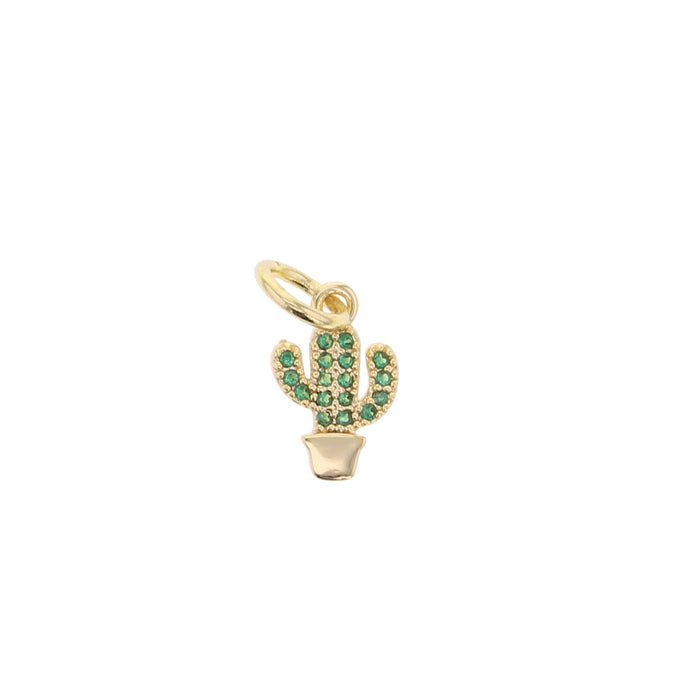 Gold cactus charm with green crystals in a pot