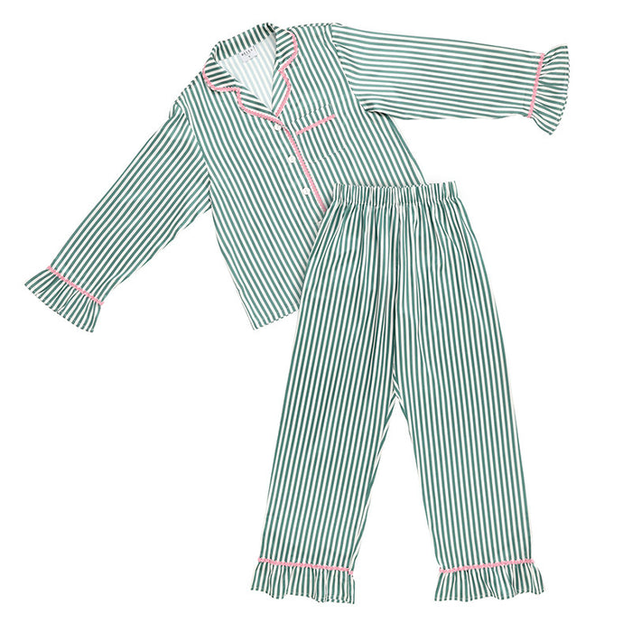 Green and white striped pajama set with ruffle trim
