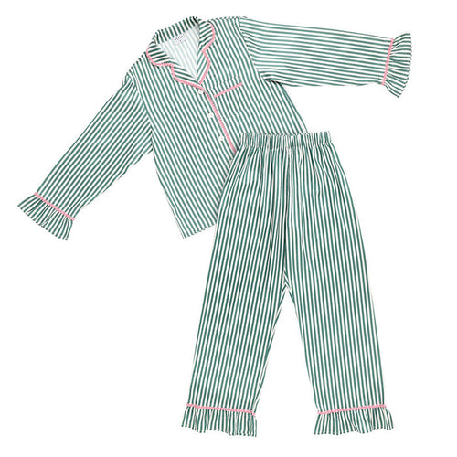 Green and white striped pajama set with ruffle trim